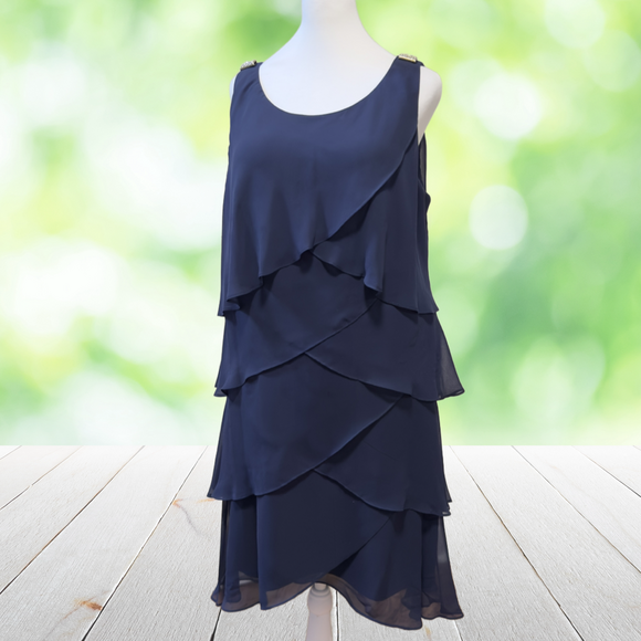 SLNY Dresses & Skirts - SLNY Tulip Tiered Chiffon Dress Rhinestone Shoulder Gatsby Cocktail Navy Plus 18